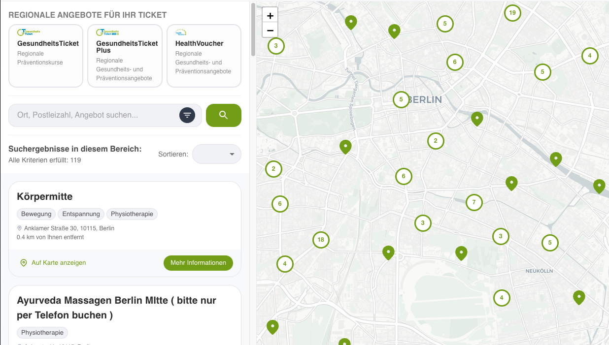 Ausschnitt aus dem Partnerportal mit regionalen Angeboten und einer Karte von Berlin